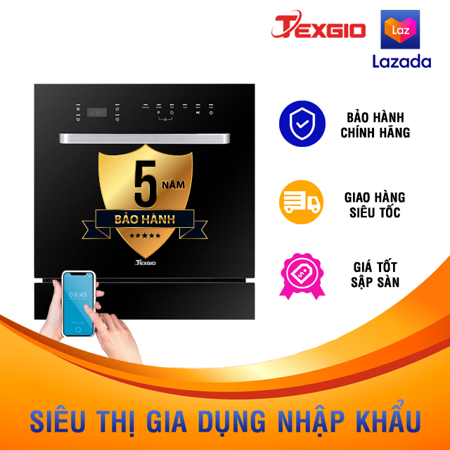 Máy Rửa Chén Bát Texgio Wifi 8 Bộ TGWF98SB - Miễn Phí Vận Chuyển - Diệt Khuẩn UV - Sấy Khí Nóng, Rửa Auto