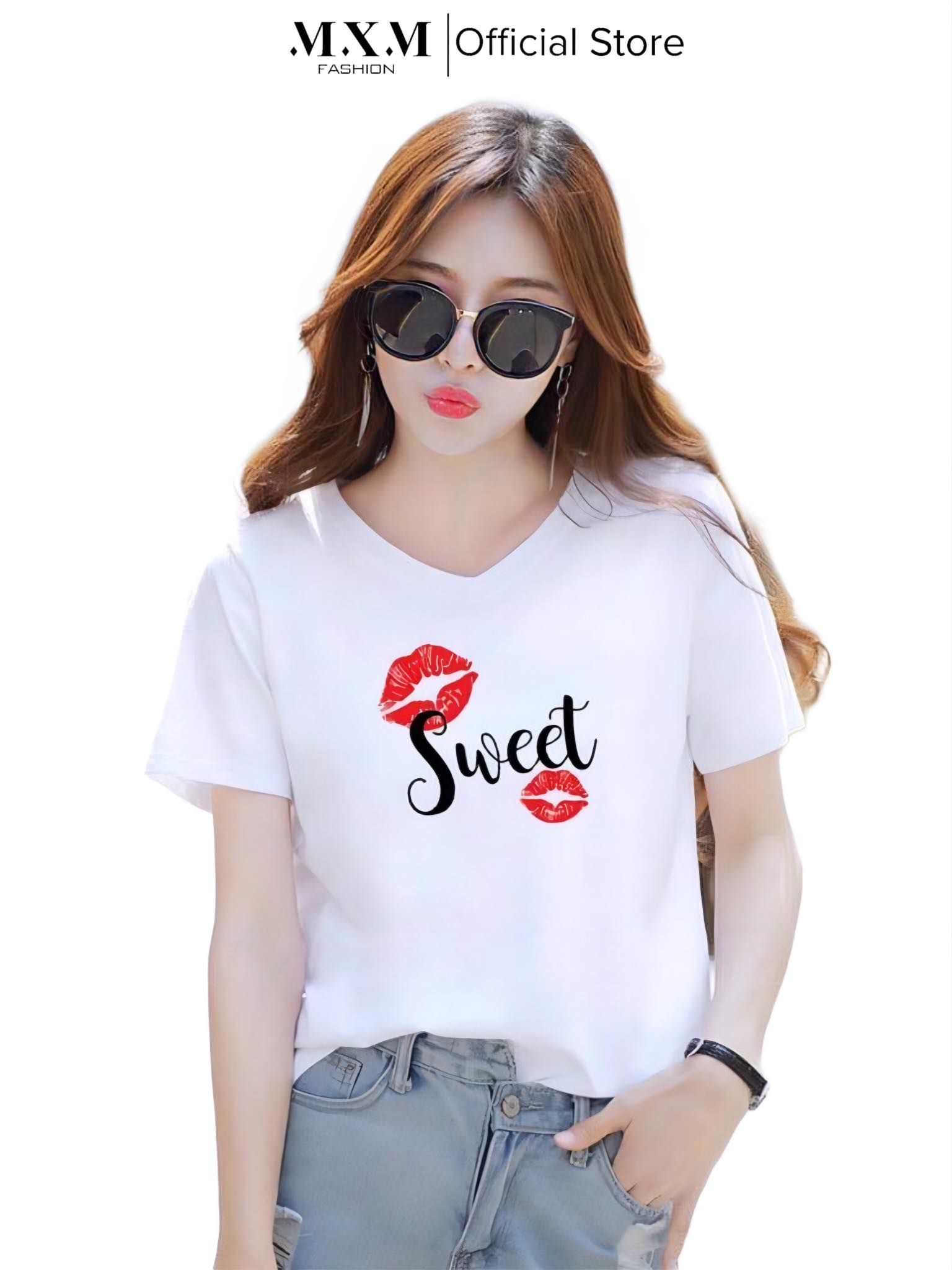 Áo thun nữ cổ tim form rộng in đôi môi Sweet dễ thương thun 4 chiều từ 40-60kg
