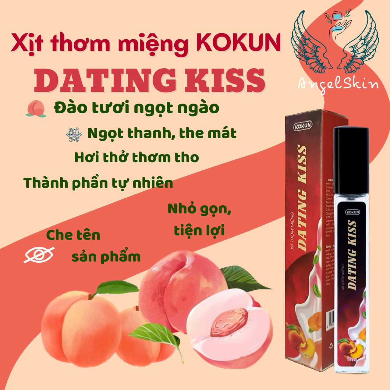 Xịt thơm miệng kissing spray kokun hương vị đào tươi tự nhiên the mát chai 10ml, angelskin