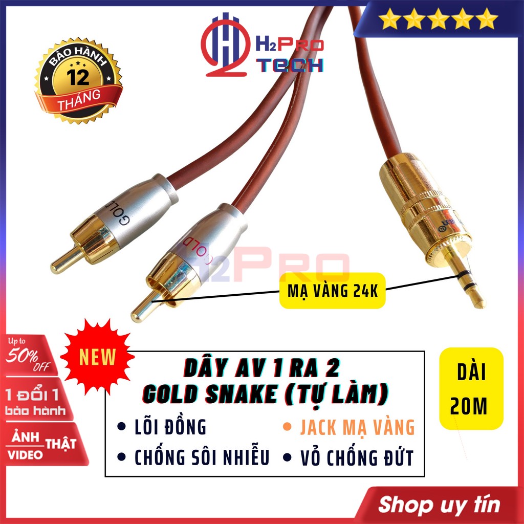 Dây Av 1 Ra 2 Gold Snake Cao Cấp Hàng Tự Làm Lõi Đồng, Đầu Mạ Vàng, Dây 1 Đầu 3.5 Ra 2 Av Dài 1M, 2M, 3M, 5M, 10M, 15M, 20M-H2Pro Tech