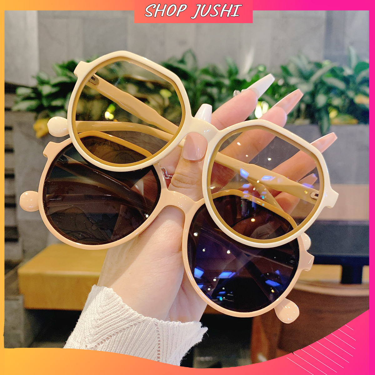 Mắt kính nữ thời trang 2023, kính mát nữ hot trend tiktok gọng nhựa màu trắng, đen, nâu