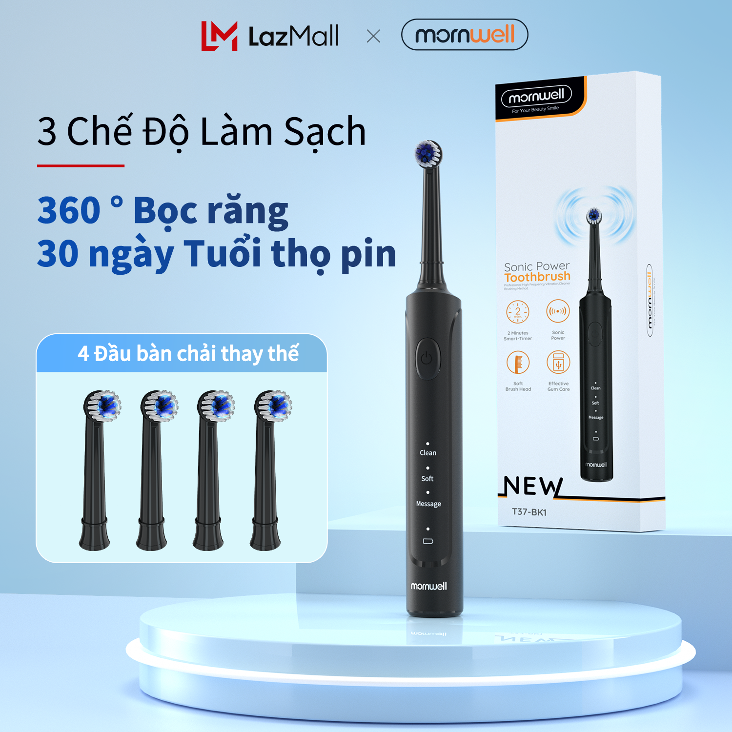 Quà Tặng Miễn Phí - Bàn chải điện Mornwell T37 Xoay làm sạch sâu Có thể sạc lại 3 Chế độ đánh răng Hiệu quả giảm mảng bám