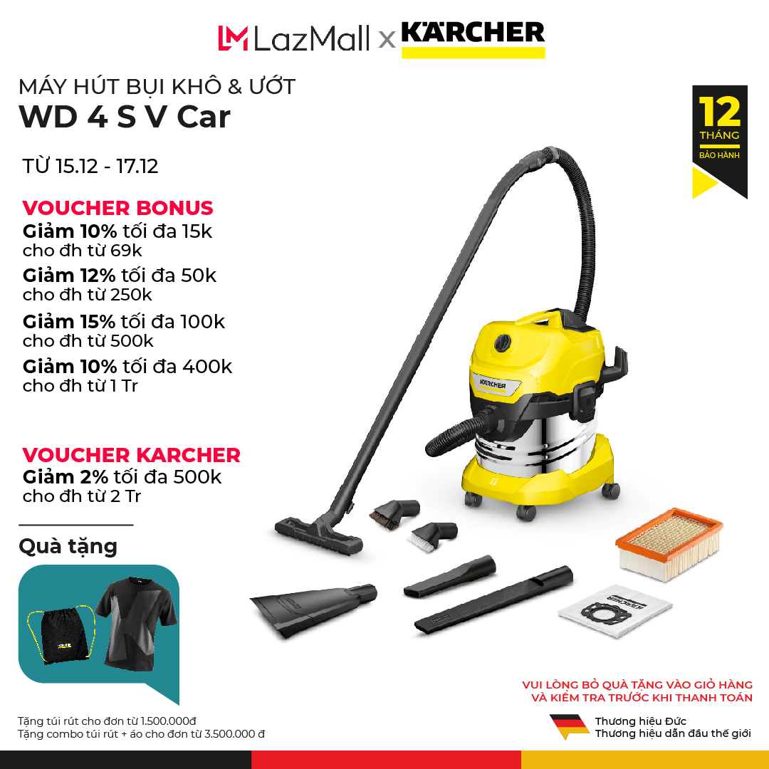 Máy hút bụi đa năng khô và ướt 1000W WD 4 S V Car (phiên bản cải tiến của máy WD 4 Premium và WD 4S) - Karcher Việt Nam