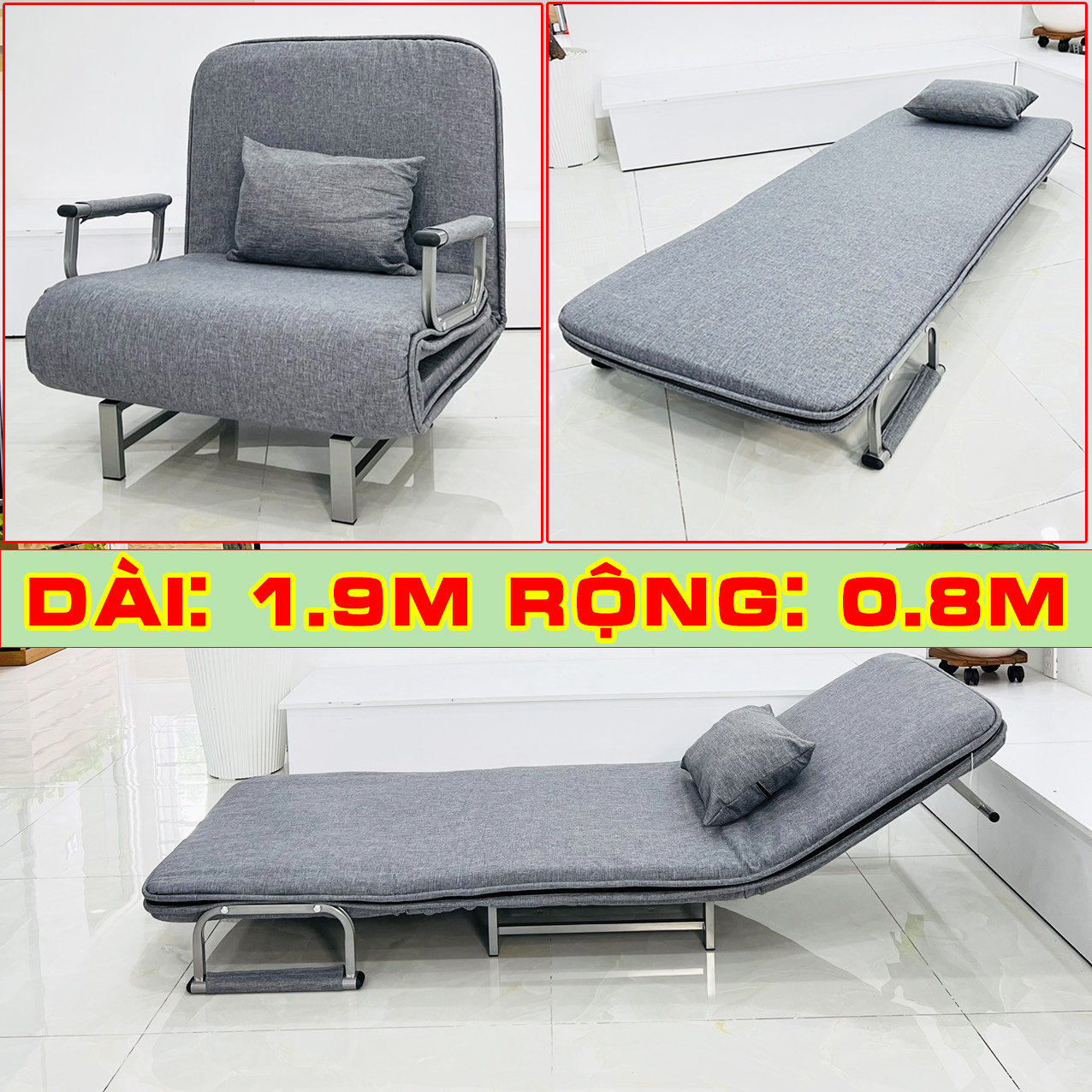 Ghế sofa làm giường gấp gọn Sumika 336 khung thép có khóa kéo để vệ sinh, vải nỉ thô thâm hút mồ hôi bảo hành 2 năm, giường xếp gọn, giường thông minh làm ghế và giường, giường có nệm
