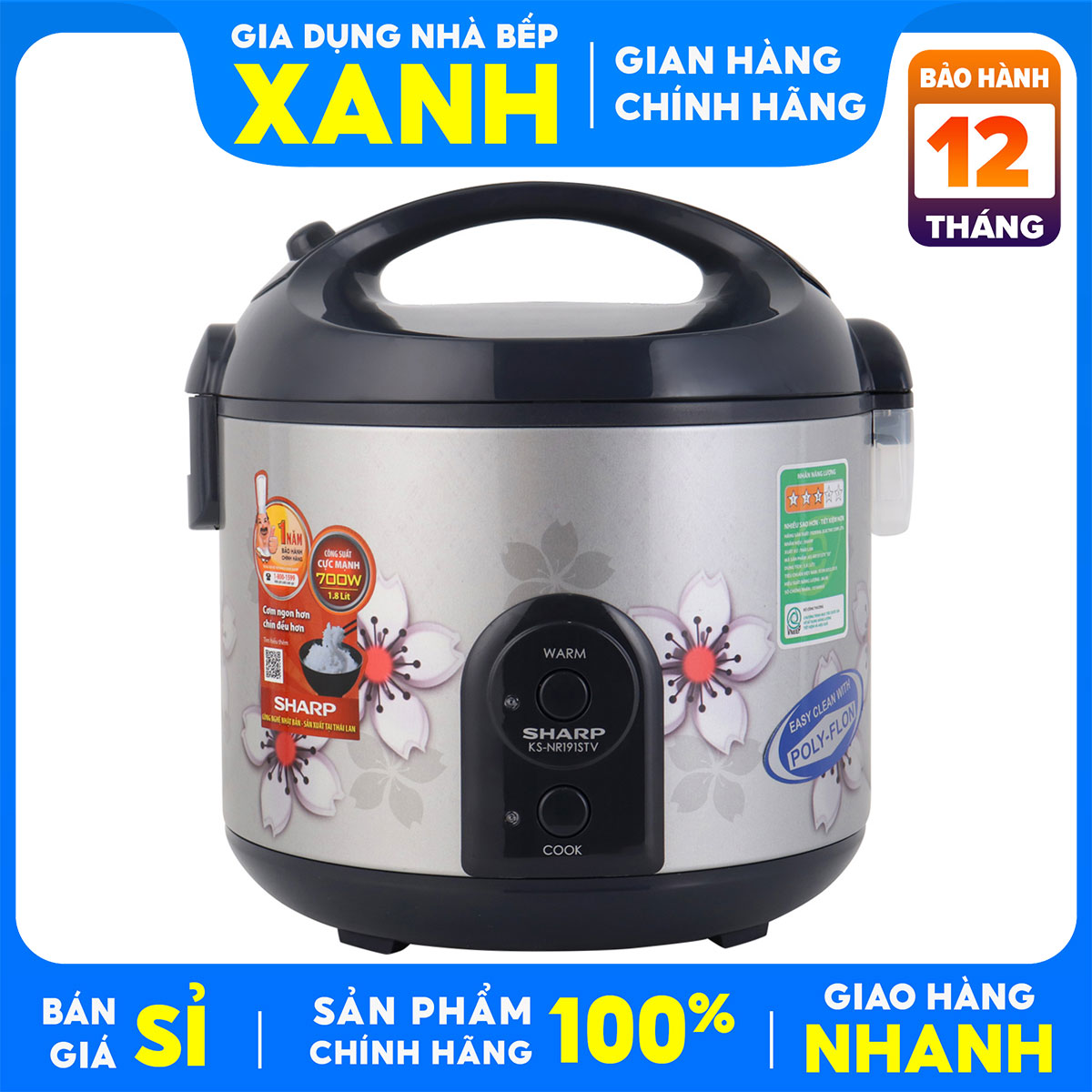 Nồi cơm điện Sharp 1.8 lít KS-NR191STV-Mới 98-99%.Công suất 700 W.dung tích 1.8 lít cho gia đình từ 4 - 6 người ăn-BH 12 THÁNG