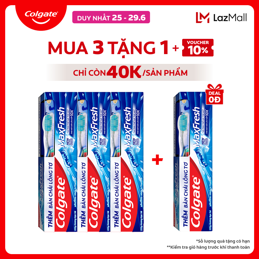 [Chỉ 25-29.6_Mua 3 tặng 1-Chỉ còn 40K/tuýp] Bộ 3 Kem đánh răng Colgate MaxFresh ULTRAFREEZE the mát gấp 10X 225g/tuýp tặng bàn chải đánh răng lông tơ cao cấp