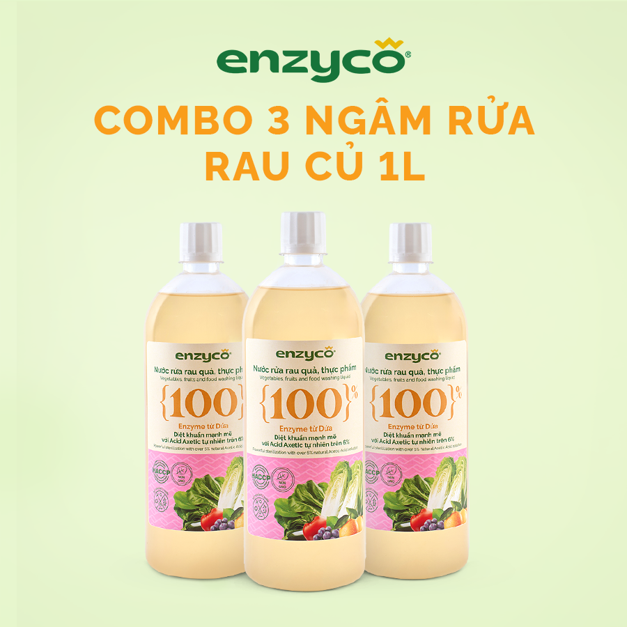 Combo 3 chai nước ngâm rửa rau củ quả sinh học ENZYCO 1L - 100% Enzyme từ dứa giúp loại bỏ hóa chất,