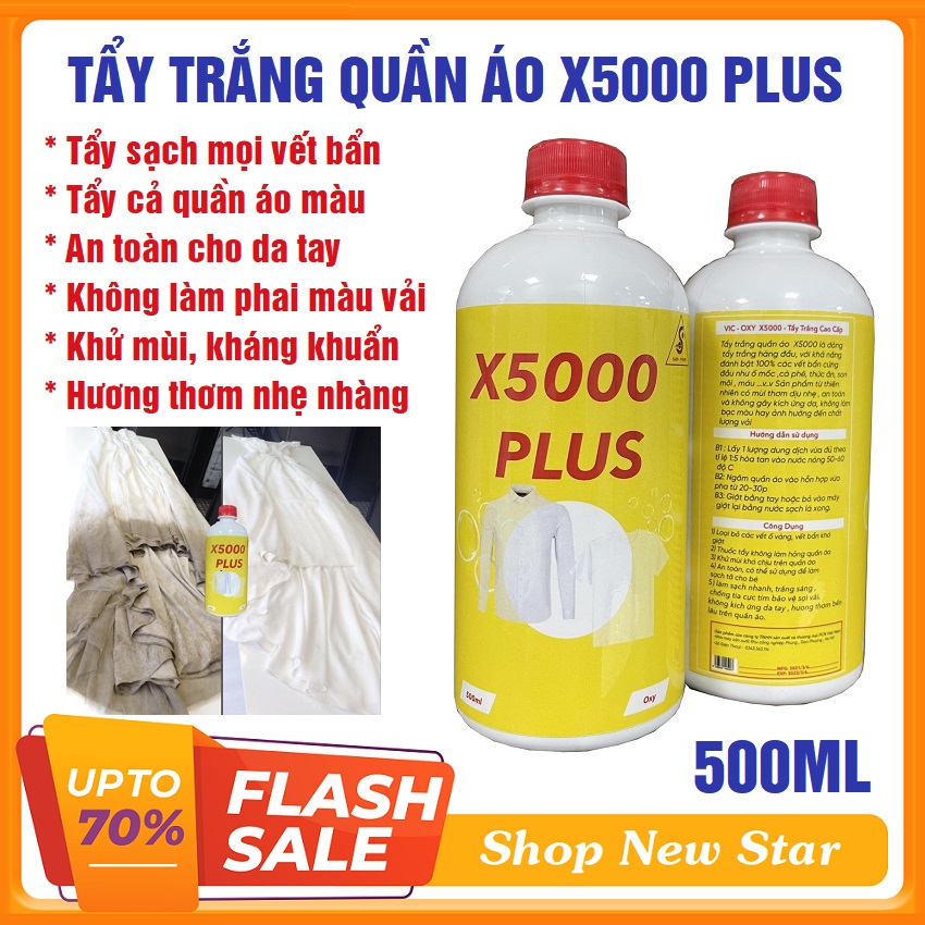Tẩy Trắng Quần Áo X5000 Plus, VIC OXY- Nước, Chai, Lọ Dung dịch tẩy nấm mốc, ố vàng, dùng cho quần áo trắng và quần áo màu, chăn màn, giày dép, không làm phai màu vải, an toàn cho da tay.