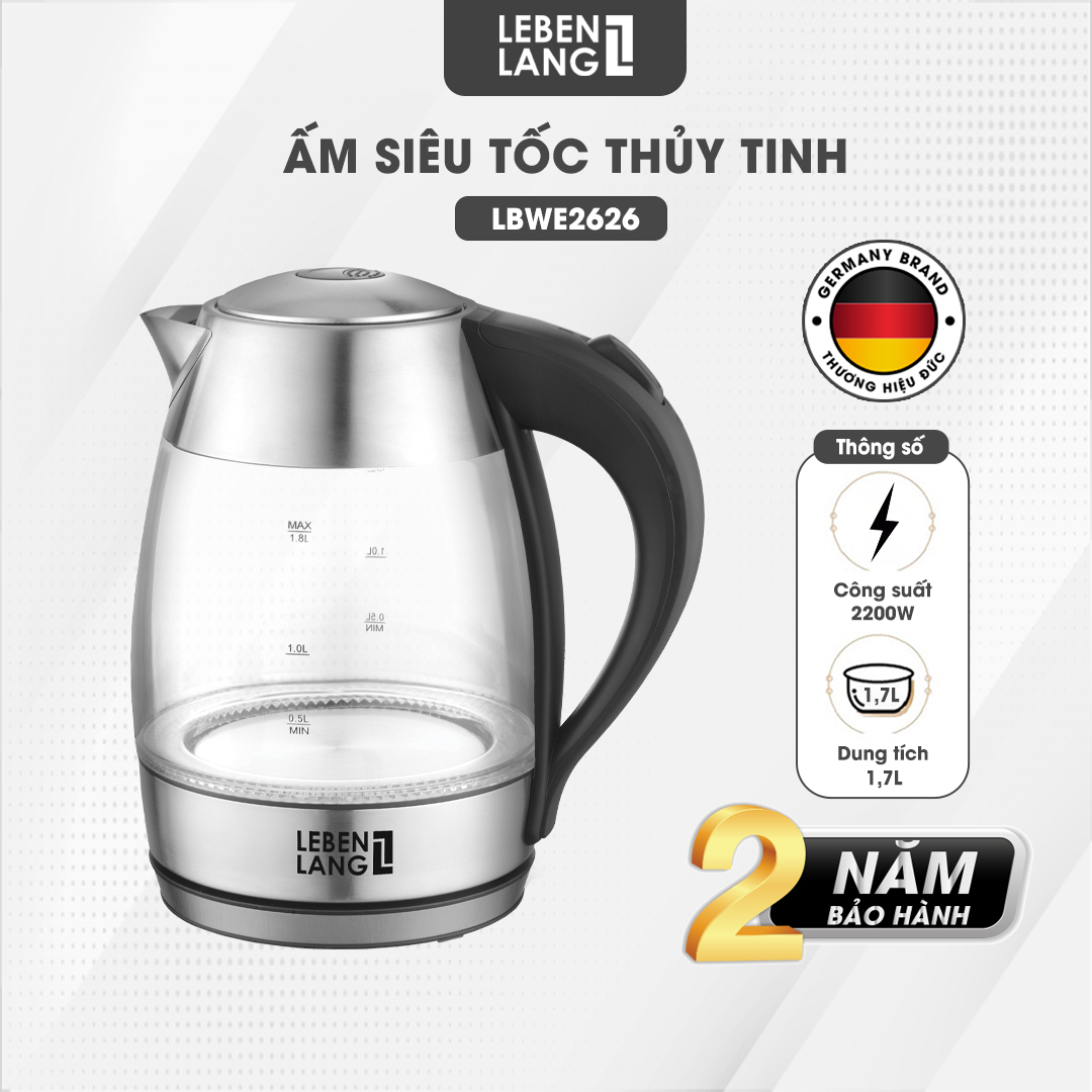 Ấm siêu tốc thủy tinh 1,8l lebenlang lbwe2626 bằng thủy tinh chịu nhiệt - hàng chính hãng