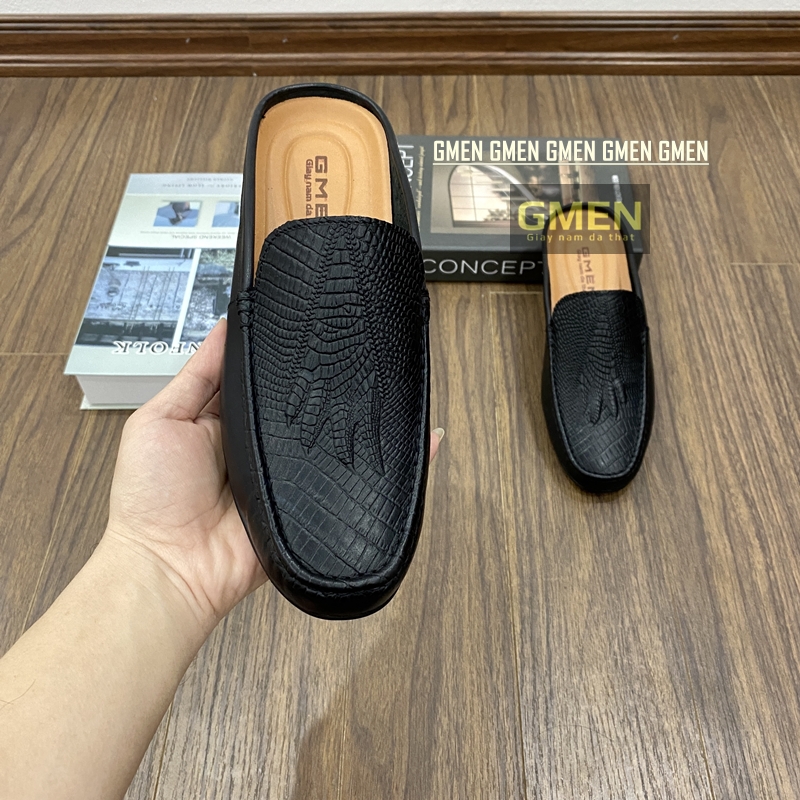 Giày sục nam chất liệu da bò dập vân cá sấu đế cao su êm chân bảo hành 12 tháng GMEN 01