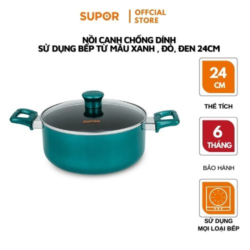 Nồi canh chống dính 24cm dùng được bếp từ supor h18202-t20-24 vung kính hàng chính hãng