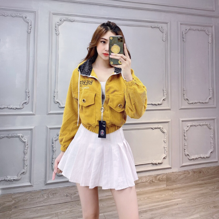 Áo Khoác Nhung Gân Form Lửng Túi Hộp Phối Khoen Thời Trang