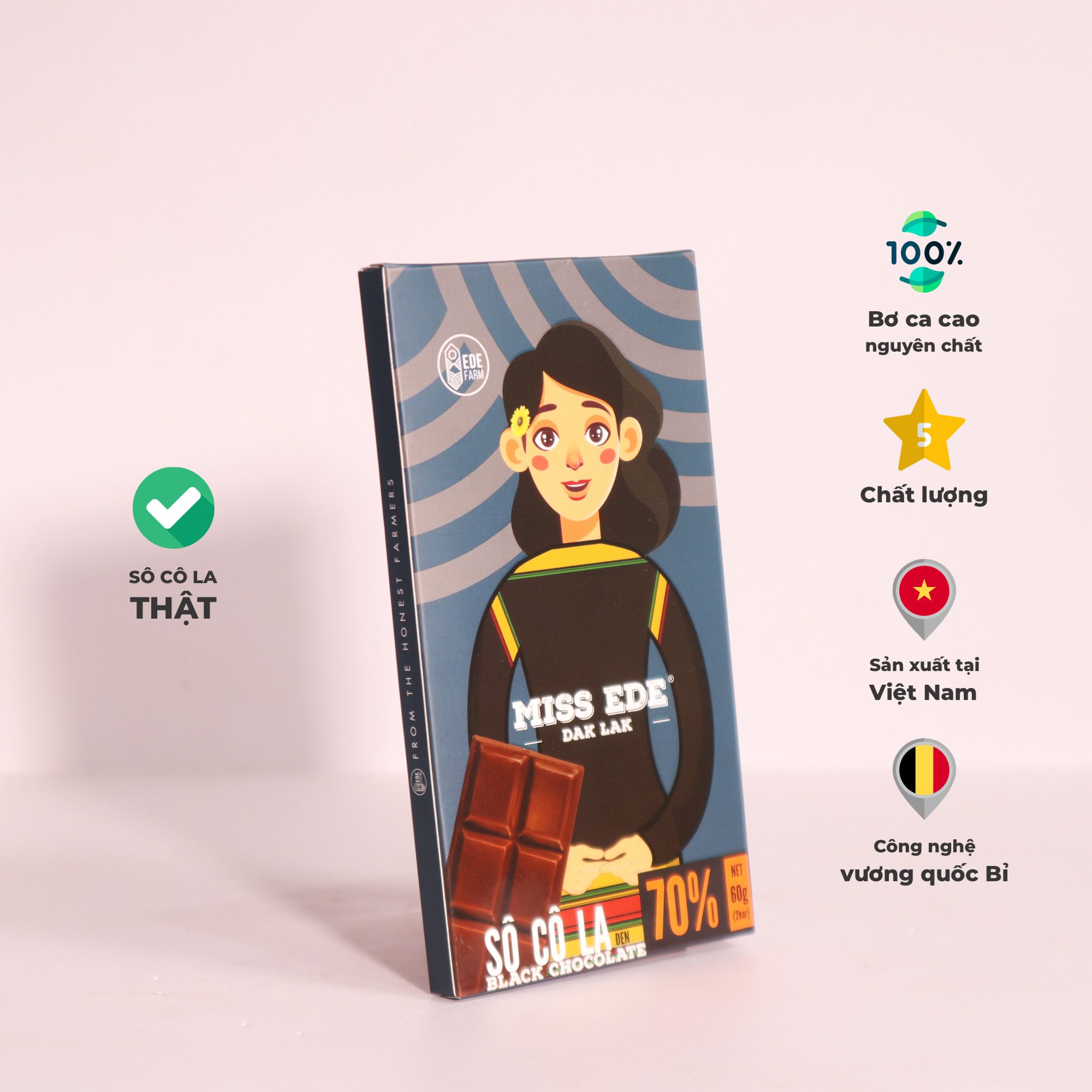 Socola đen 70% Dak Lak (Dòng real chocolate cao cấp với tỷ lệ bơ ca cao bên trong lớn)