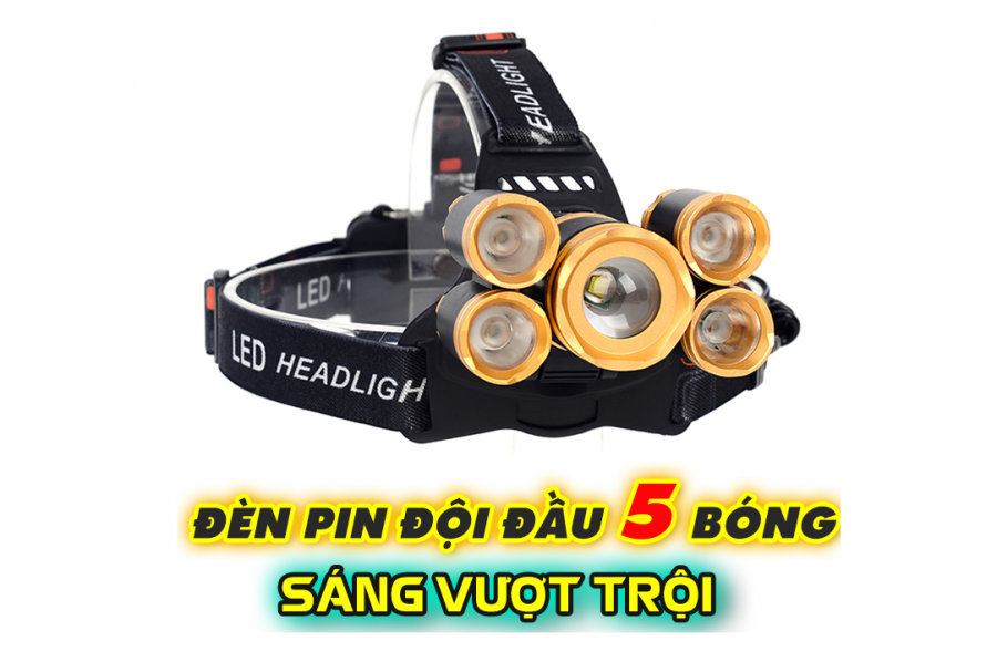 Đèn pin đội đầu 5 bóng siêu sáng-cống suất 100w - đèn pin đội đầu 5 bóng