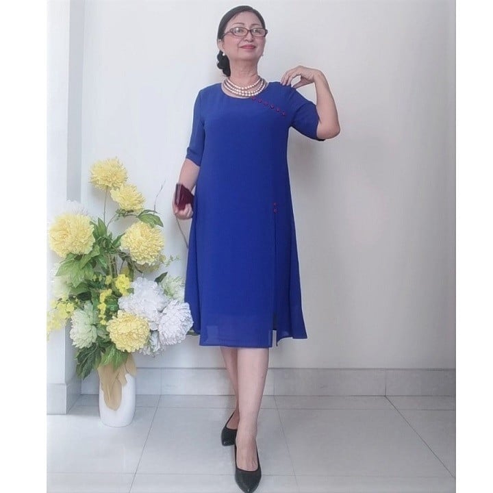 Đầm trung niên vải voan chiffon - form a che bụng - 2 lớp có dây kéo.