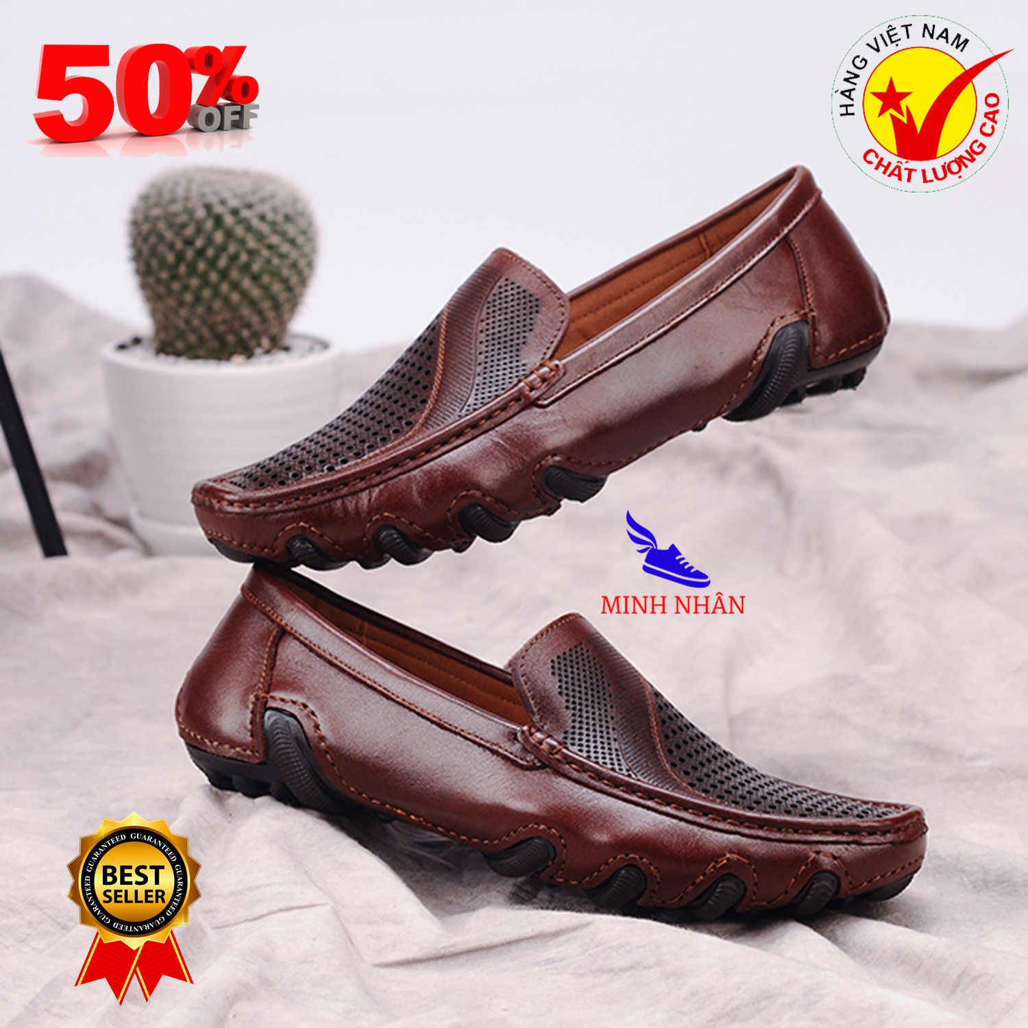 Minh Nhân - GIÀY DA BÒ BẢO HÀNH 1 NĂM giày lười nam da bò giày mọi nam da bò đục lỗ đẹp thoáng khí giá rẻ Giày mùa hè nam H-8 màu nâu