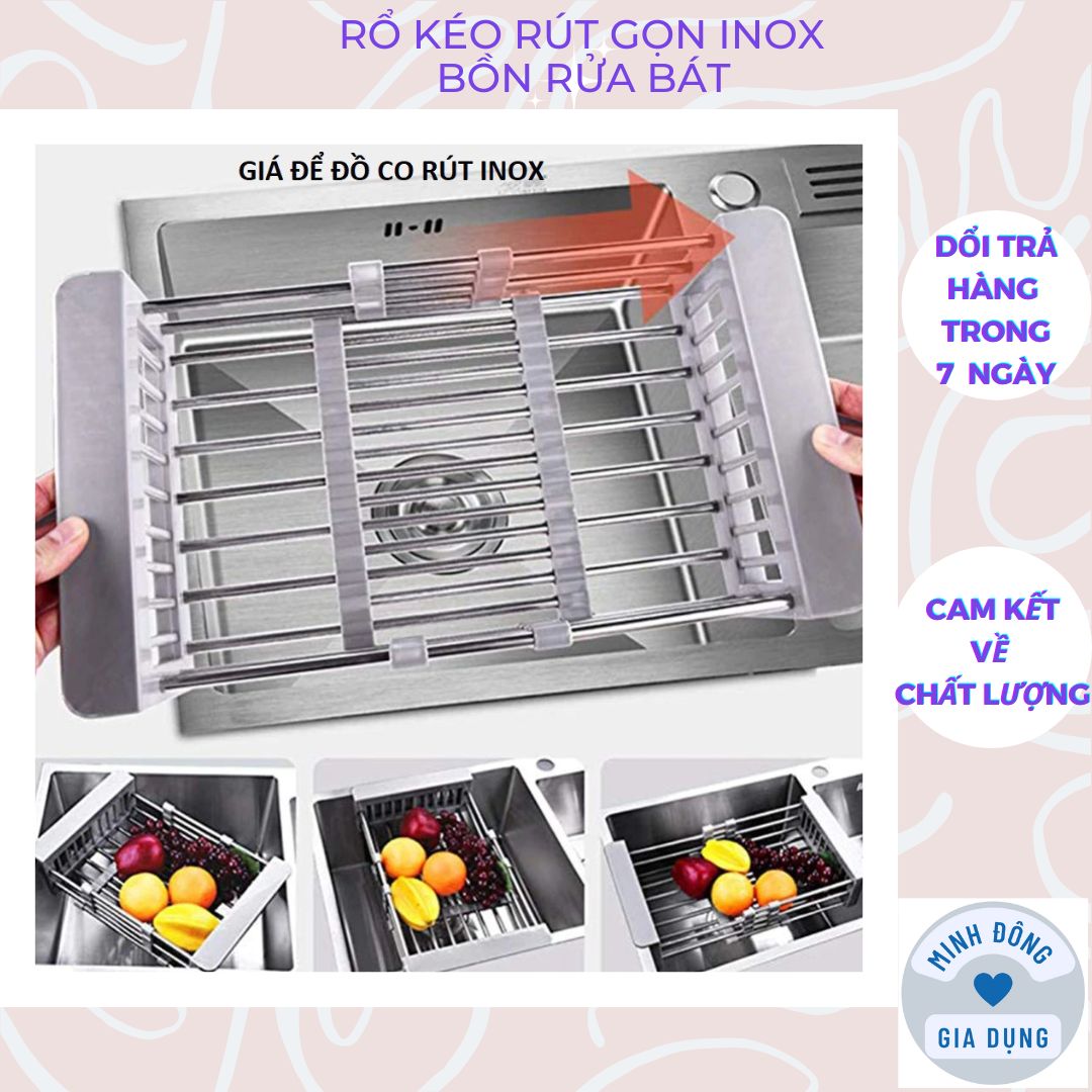 Rổ inox rút gọn kéo rút gọn inox bồn rửa bát, rổ inox đa năng thông minh tiện lợi.