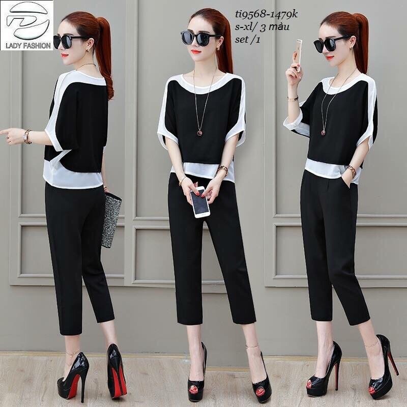 Set đồ bộ mặc nhà đồ bộ kiểu nữ quần 9 tất mix áo cách dơi phối voan sang chảnh