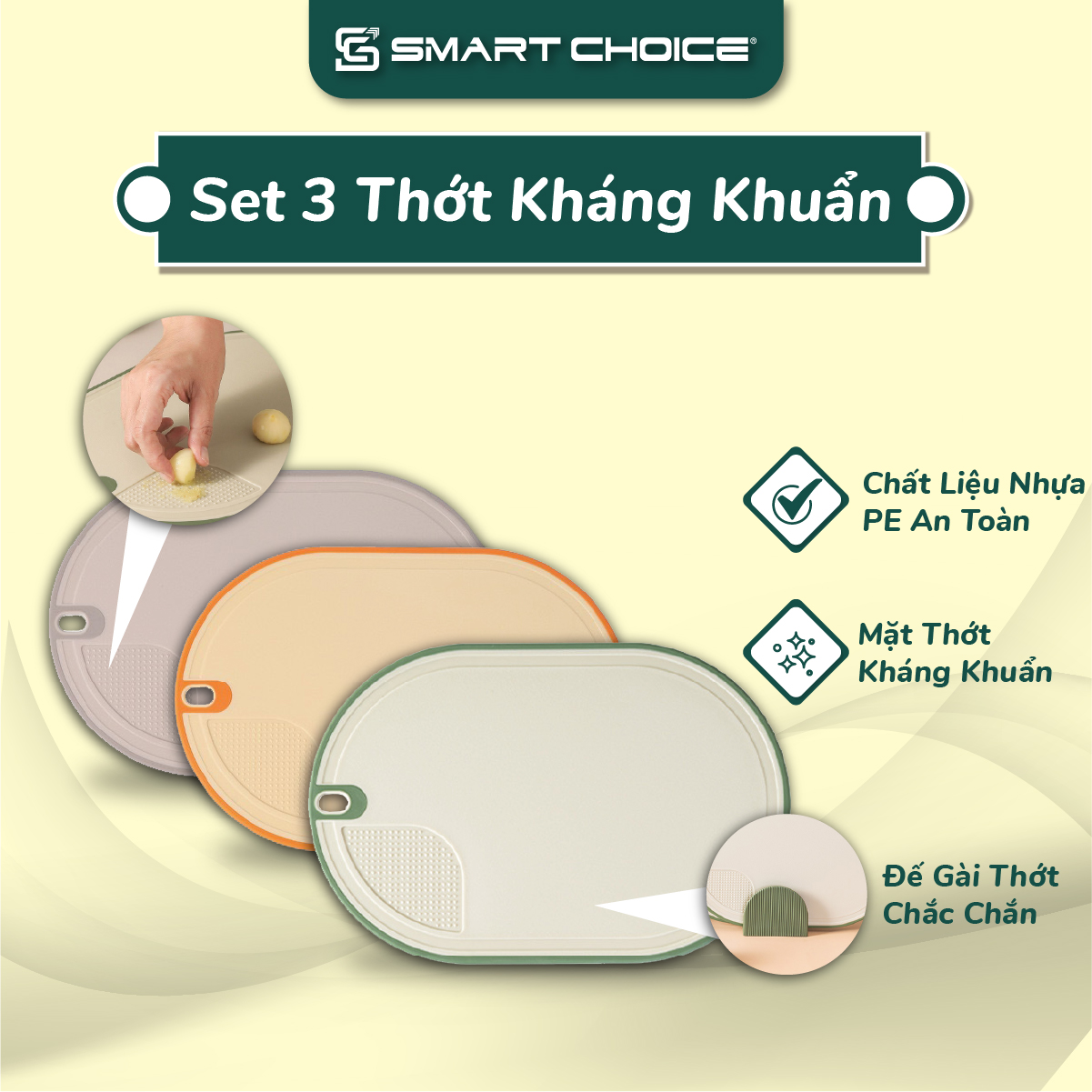 Thớt kháng khuẩn smartchoice kèm giá đỡ, bộ 3 thớt nhựa kháng khuẩn màu tím, xanh dương, thớt nhựa cao cấp.