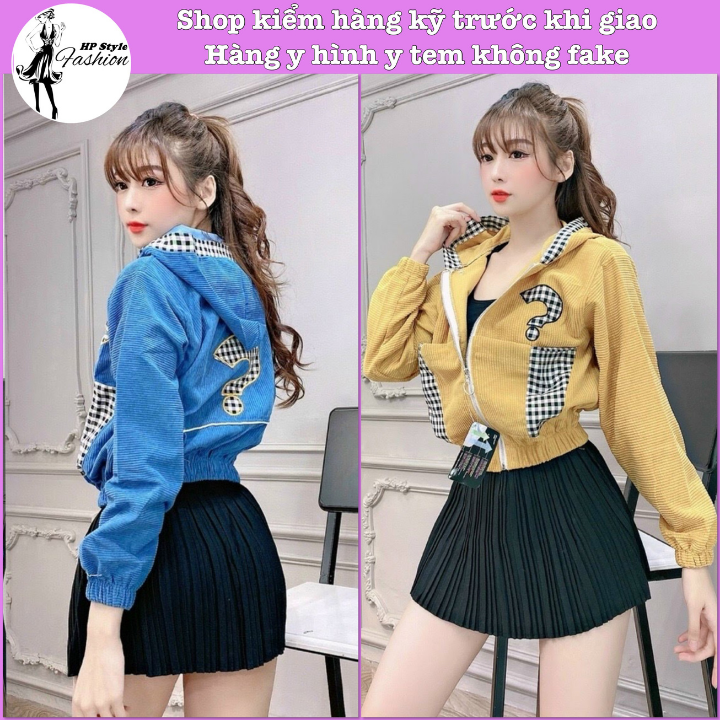 Áo khoác nhung nữ vải nhung gân tăm có nón chống nắng hoạ tiết dấu chấm hỏi dễ thương