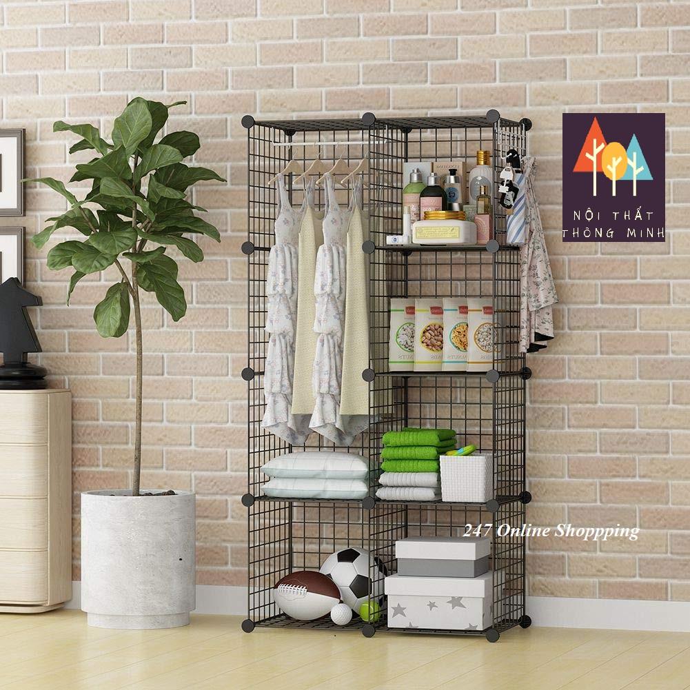 KỆ LƯỚI SẮT SƠN TĨNH ĐIỆN ĐEN DIY - 1 Ô TREO QUẦN ÁO VÀ 5 Ô ĐỰNG ĐỒ - KỆ SẮT LẮP RÁP THÔNG MINH - DÀI 70 SÂU 35 CAO 140CM