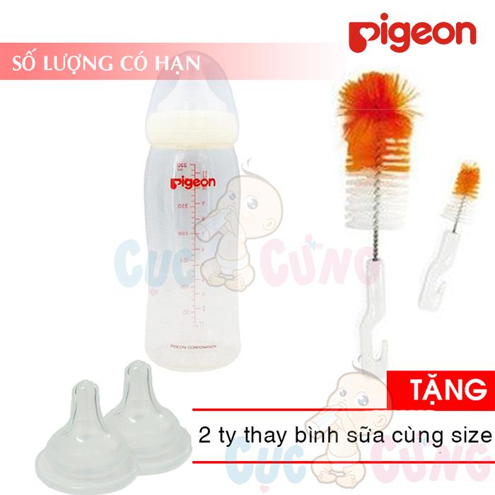 Bình sữa Pigeon cổ rộng nhựa PP 160ml/240ml/330ml + 1 cọ rửa bình sữa Tặng 2 ty thay binh sua cùng size