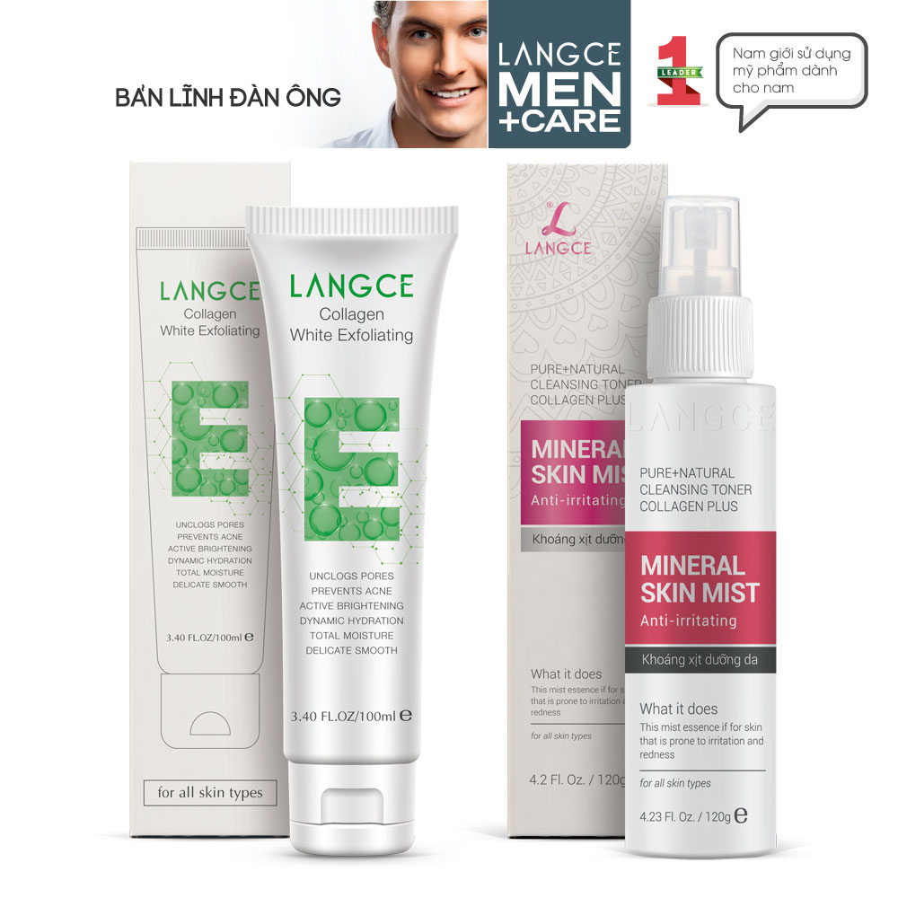 Bộ Tẩy Tế Bào Chết Collagen Trắng Da Cấp Ẩm 100ml và Xịt Khoáng Cấp Dưỡng Ẩm 120ml Da Nhờn LANGCE cho Nam