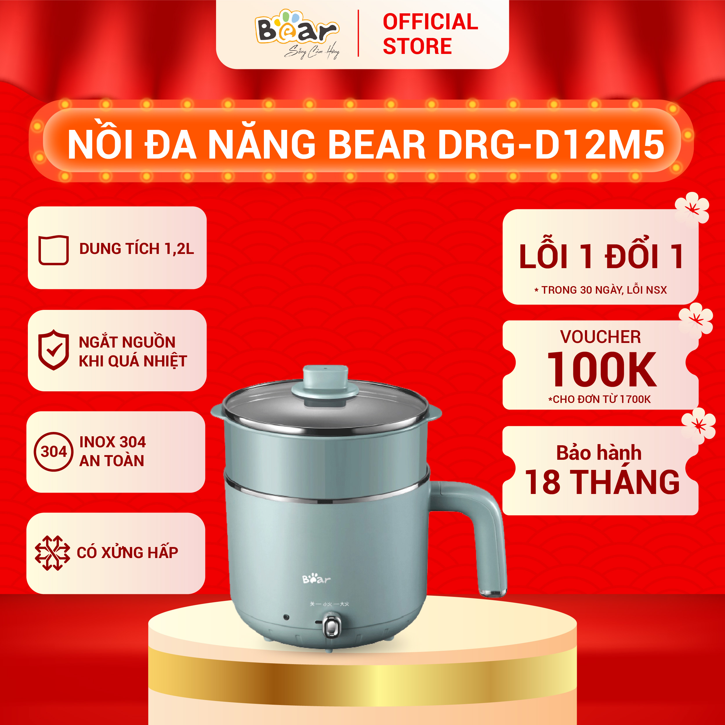 Nồi đa năng 2 tầng bear nấu mì mini, hấp, xào, nấu, luộc đa năng - drg-d12m5
