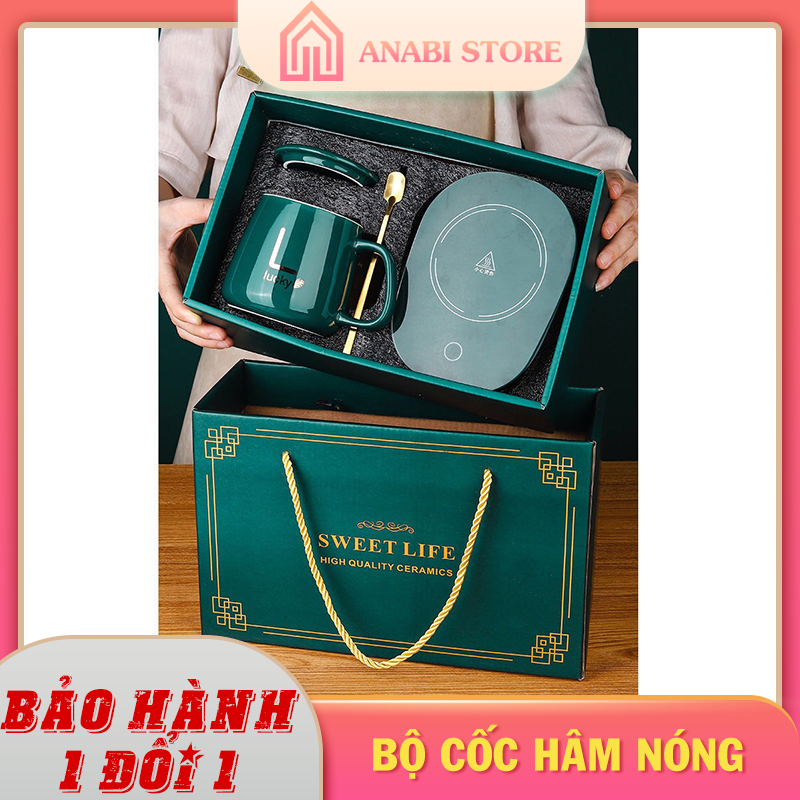 Cốc hâm nóng kèm đế điện và thìa mạ vàng cao cấp anabi - bộ cốc hâm nóng dùng được cho mọi loại cốc