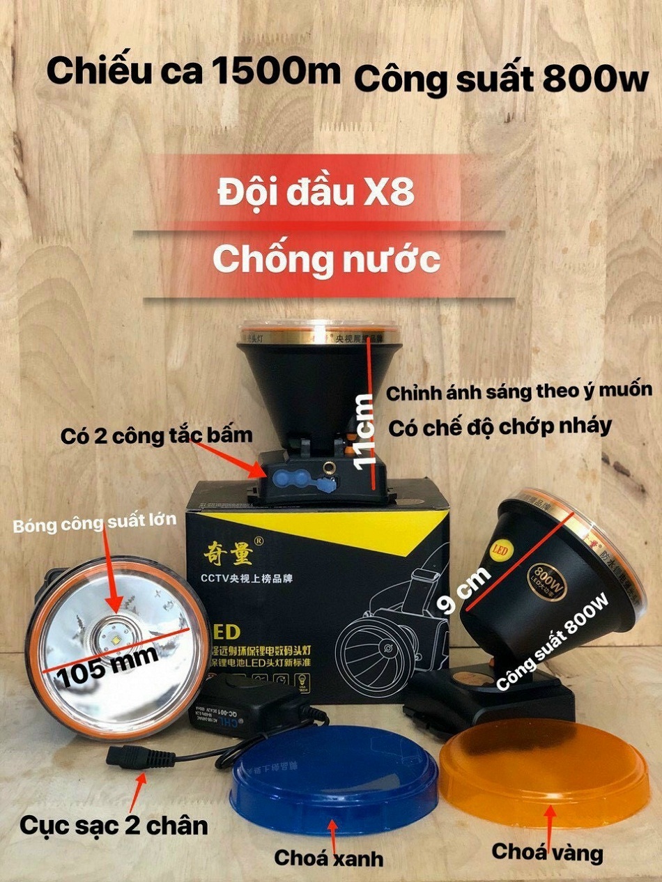 ĐÈN LED PIN SẠC ĐỘI ĐẦU KÍN NƯỚC SIÊU SÁNG CHÓA 105 MM X8 - 800W, ĐÈN PIN ĐỘI ĐẦU KÍN NƯỚC SIÊU SÁNG CÔNG SUẤT LỚN 3 CHẾ ĐỘ SÁNG VÀ ĐỔI MÀU ÁNH SÁNG TUỲ CHỌN