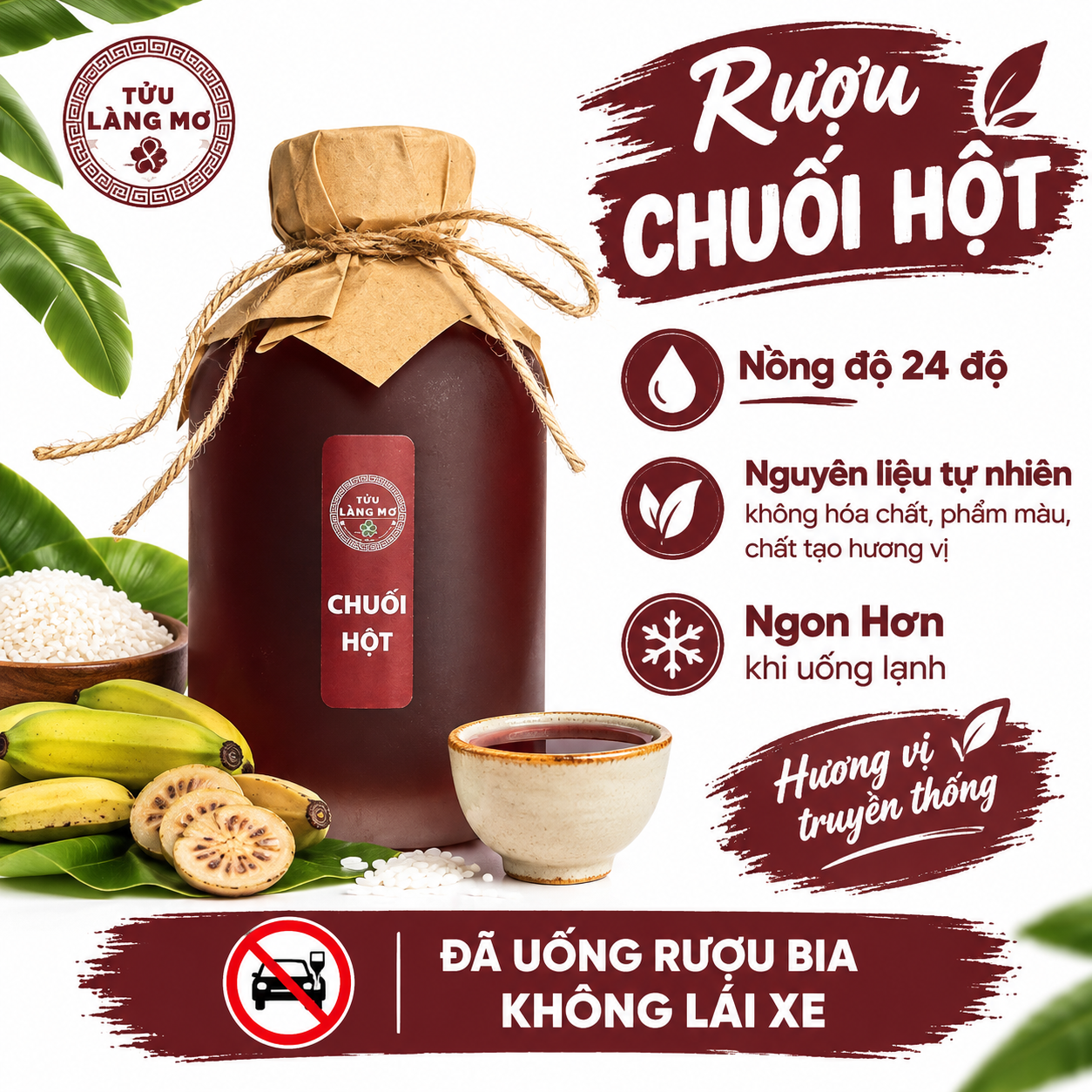 [Rượu Chuối Hột Chai 500ML] Tửu Làng Mơ - Không Phẩm Màu - Không Hương Liệu - Nồng Độ 24%