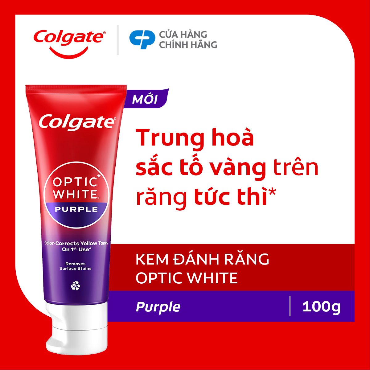 Kem Đánh Răng Colgate trắng răng Optic White Purple 100g - công nghệ sắc tím, hiệu chỉnh sắc vàng trên răng