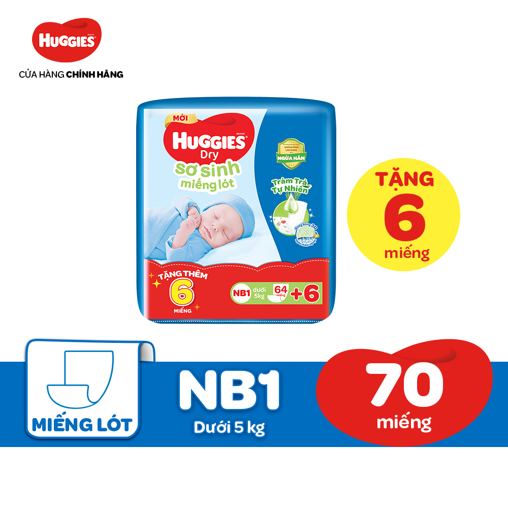 70 MIẾNG Miếng lót sơ sinh NB1 Huggies Dry Tràm Trà Tự Nhiên 64+6 miếng