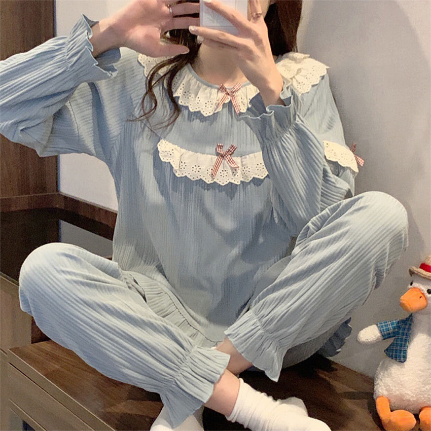 [Freeship+Quà 35k]Đồ bộ ngủ nữ pijama Mellowshop tiểu thư dễ thương ngọt ngào với 2 màu trắng và xanh, chất liệu len gân mềm mại thoải mái, phù hợp mặc cả ở nhà và đi chơi, tặng kèm khăn lụa cao cấp khi múa hóa đơn từ 500k
