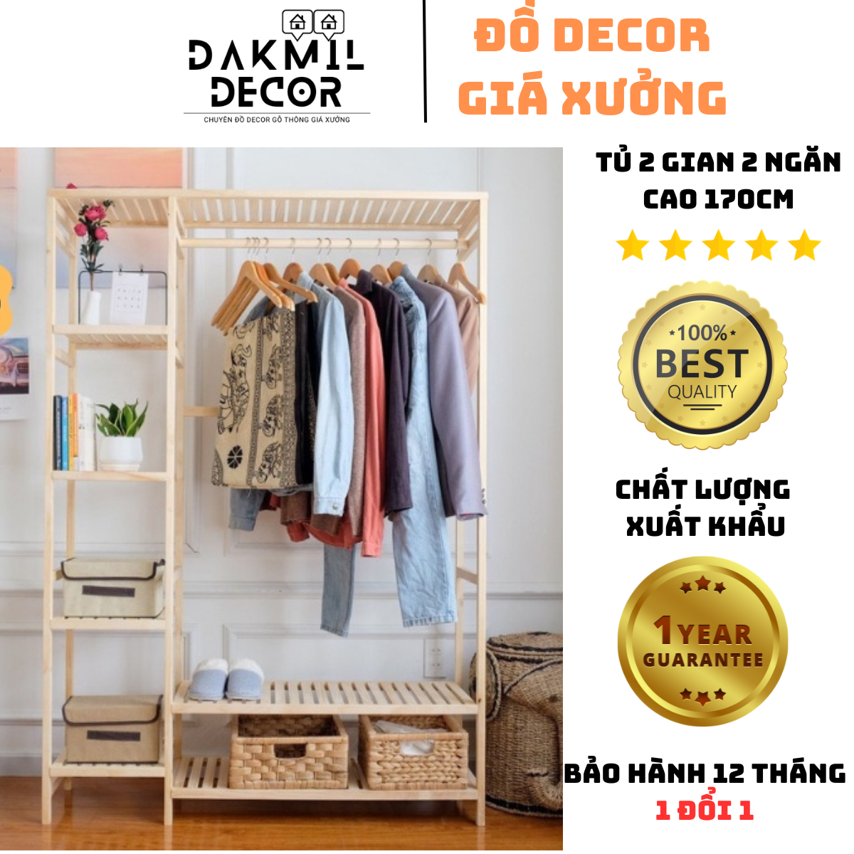Kệ/tủ treo quần áo nhiều ngăn đa năng 2 gian 2 tầng cao 1m7, tủ treo quần áo gỗ thông nhập khẩu