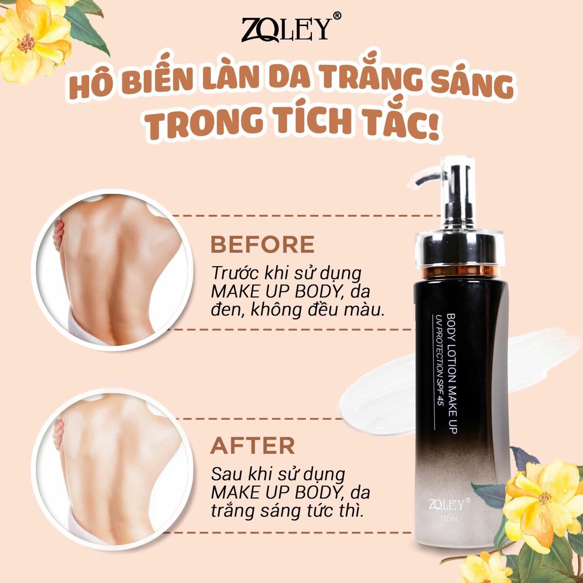 Kem trang điểm toàn thân 150ml zoley- body lotion make up spf 45
