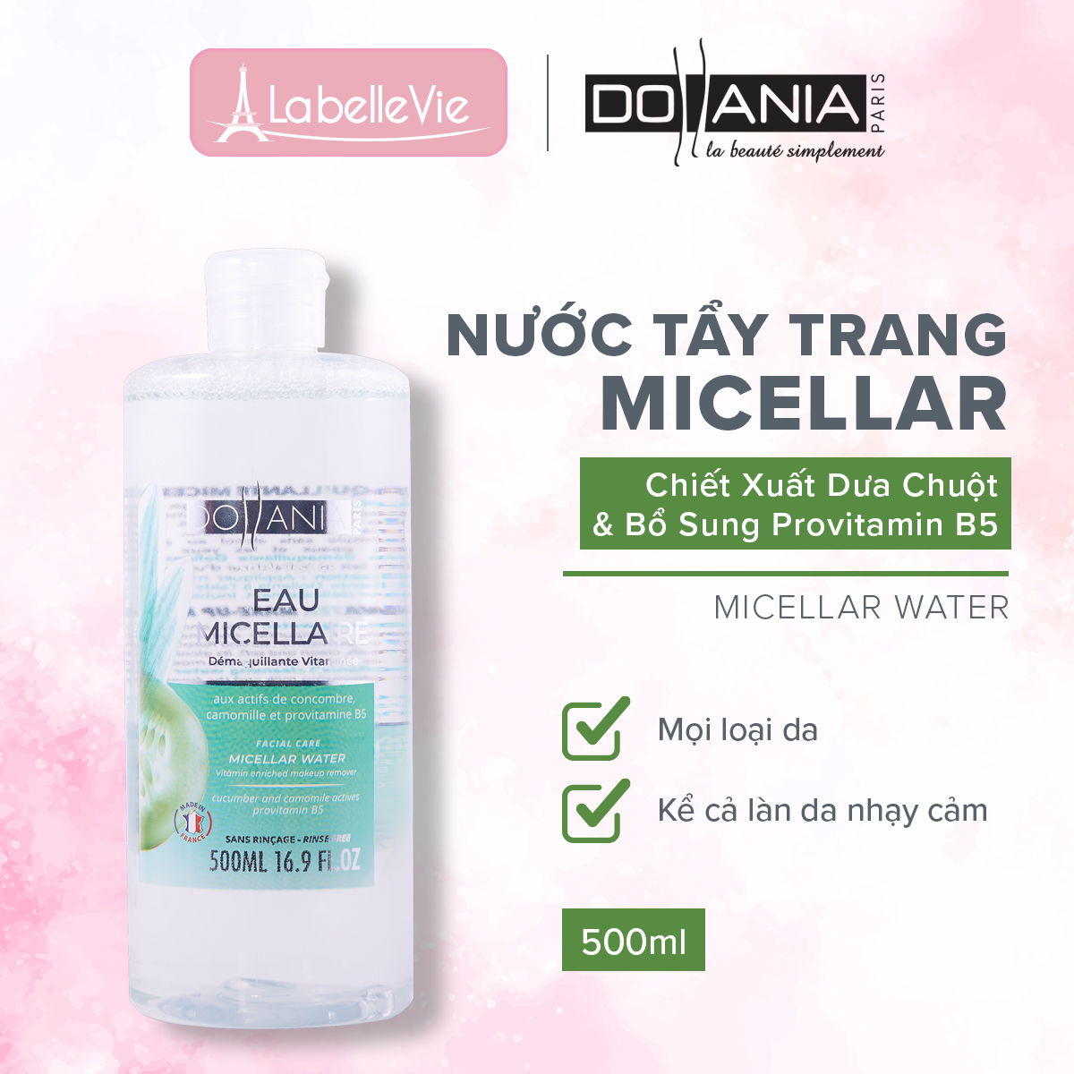 Nước tẩy trang Dollania Micellaire Pro Vitamin B5 & Tinh chất dưa leo 500ml