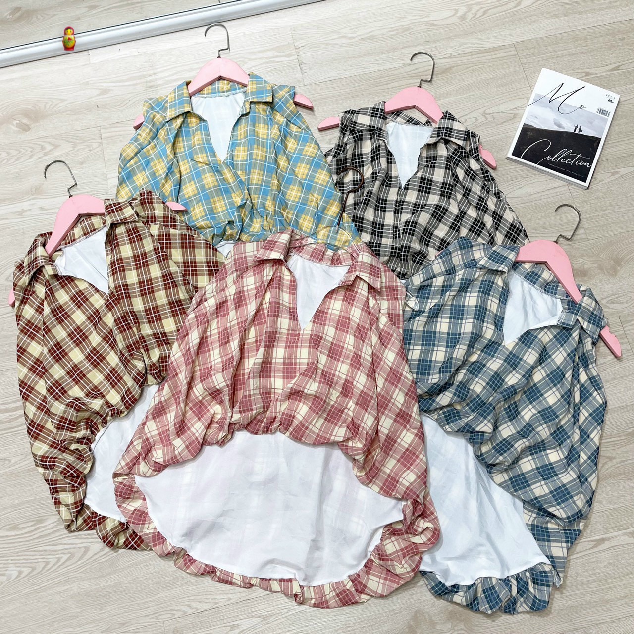 Áo sơ mi dáng bí phồng caro vải xô siêu xinh