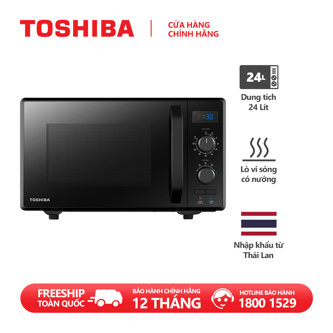 Lò vi sóng Toshiba MW2-AG24PC(BK) 24L -Nấu, Hâm, Rã đông, Nướng, Cửa lò kính cường lực, Tay nắm nhựa cách nhiệt, Vỏ ngoài kim loại sơn tĩnh điện. Hàng chính hãng bảo hành 12 tháng, chất lượng Nhật Bản