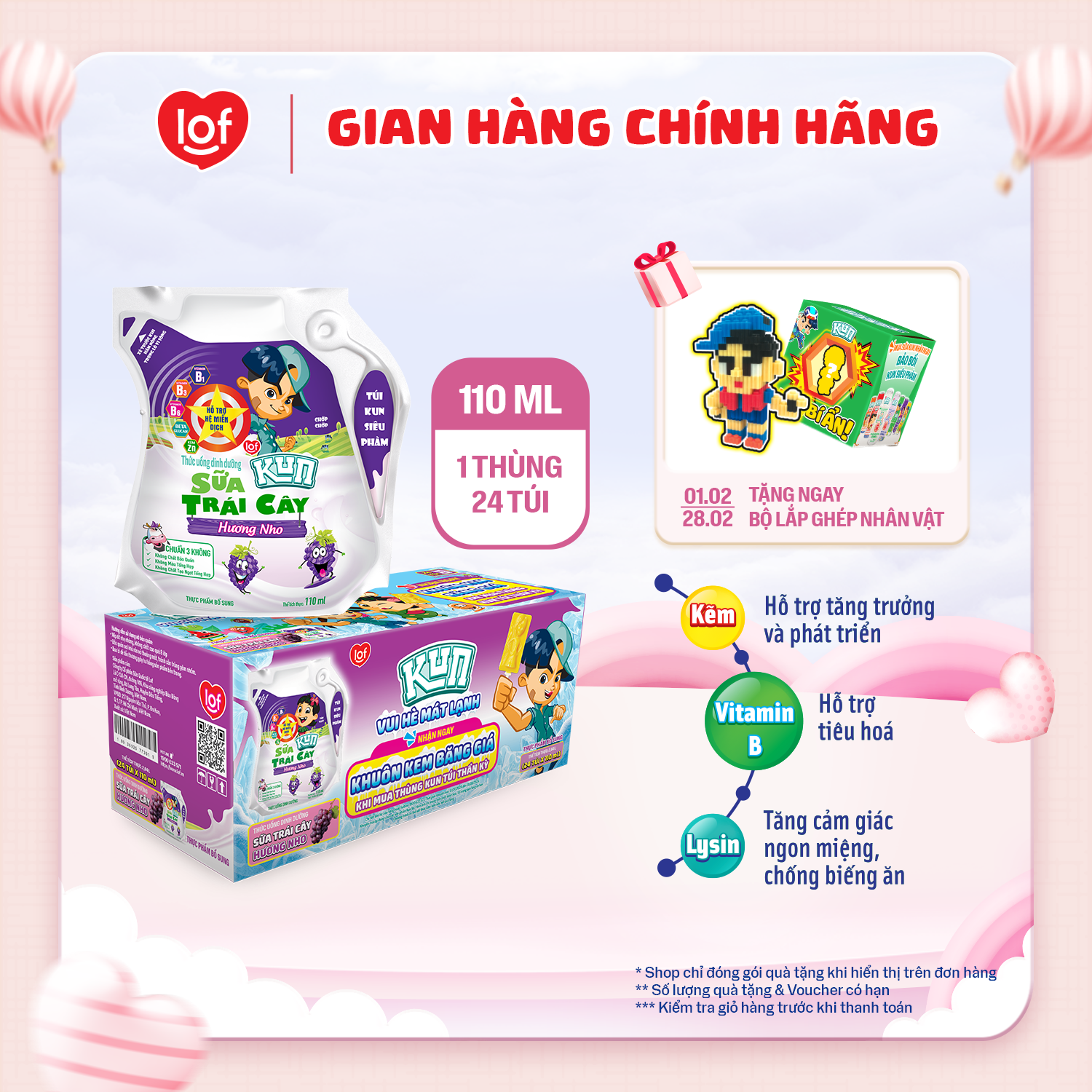 Sữa trái cây KUN vị nho thùng 24 túi x 110ml
