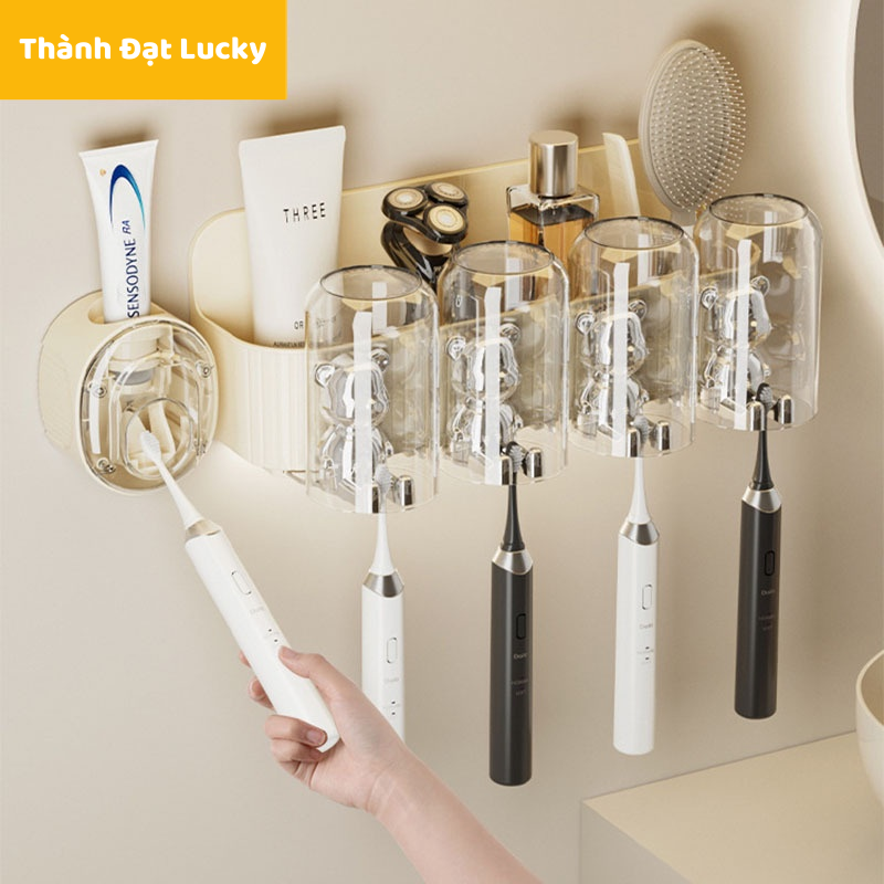 Kệ để bàn chải đánh răng bộ nhả kem đánh răng tự động thông minh hình gấu có kèm cốc