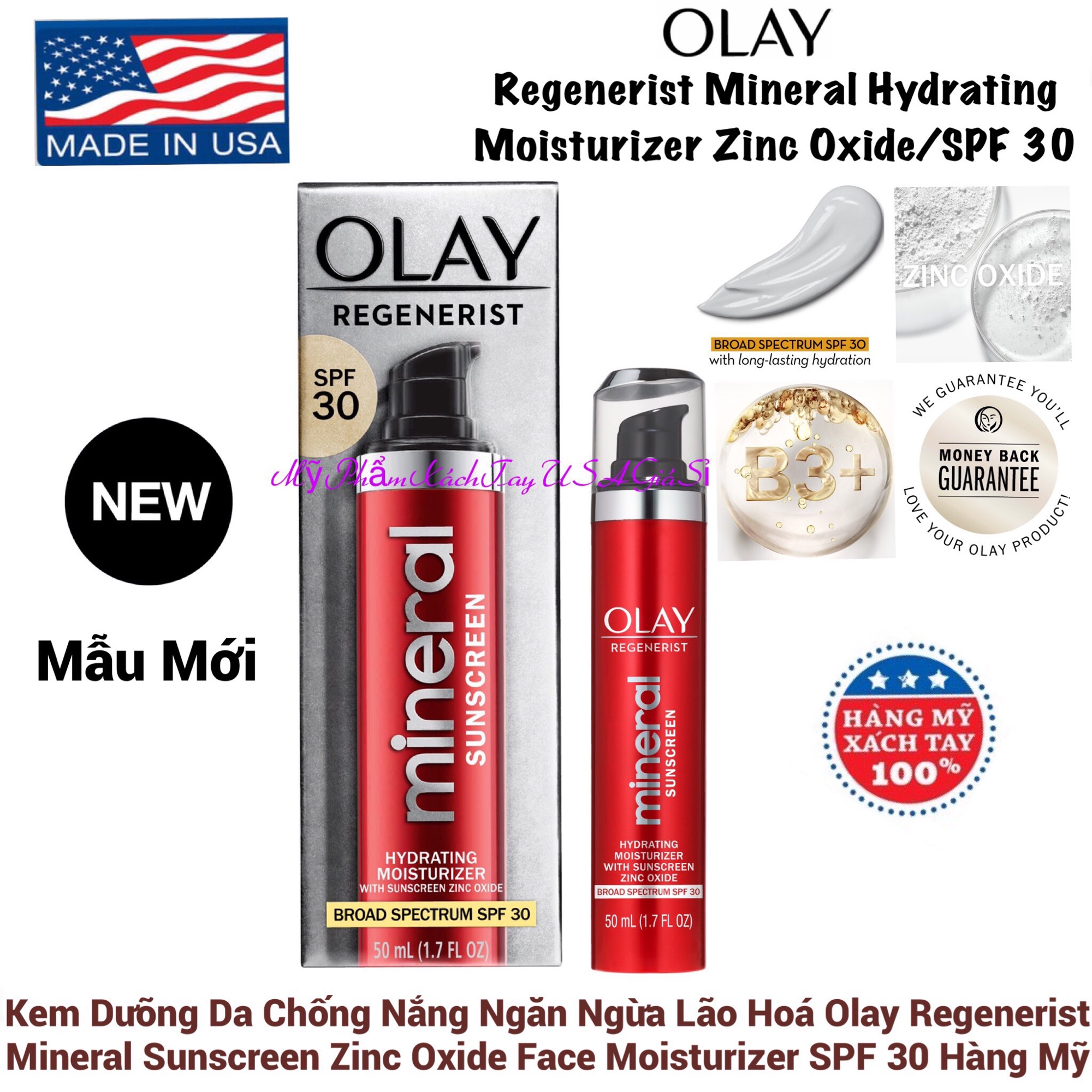 Kem dưỡng da chống lão hóa chống nắng Olay Regenerist Mineral Sunscreen Hydrating Moisturizer SPF30 50ml Hàng Mỹ