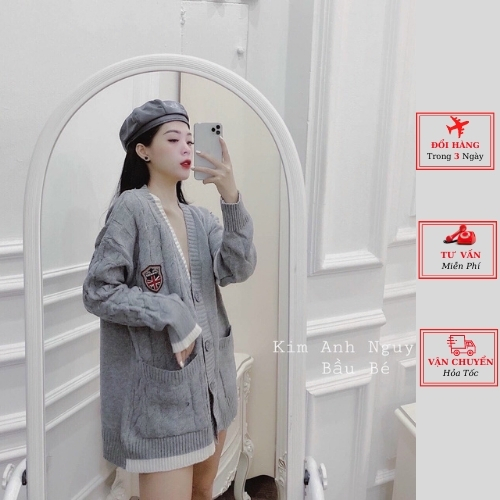 Áo cardigan len nữ dáng dài thorm huy hiệu màu ghi ulzzang Hàn Quốc phong cách cá tính