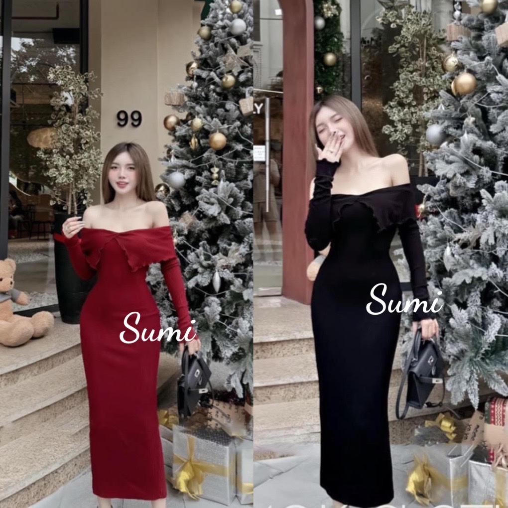 Đầm trễ vai tay dài sáng ôm suông xẻ tà ngực - thun gân