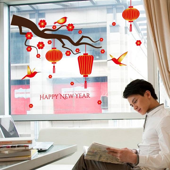 Decal Trang Trí Tết - Cành đâò tết và Lồng Đèn đỏ biểu tượng tết trang trí tết