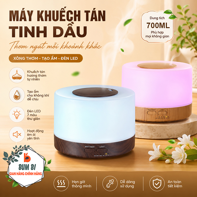 Máy Tỏa Hương Tinh Dầu 700ML Đèn LED Trang Trí, Máy Phun Sương Để Bàn Kèm Remote Điều Khiển