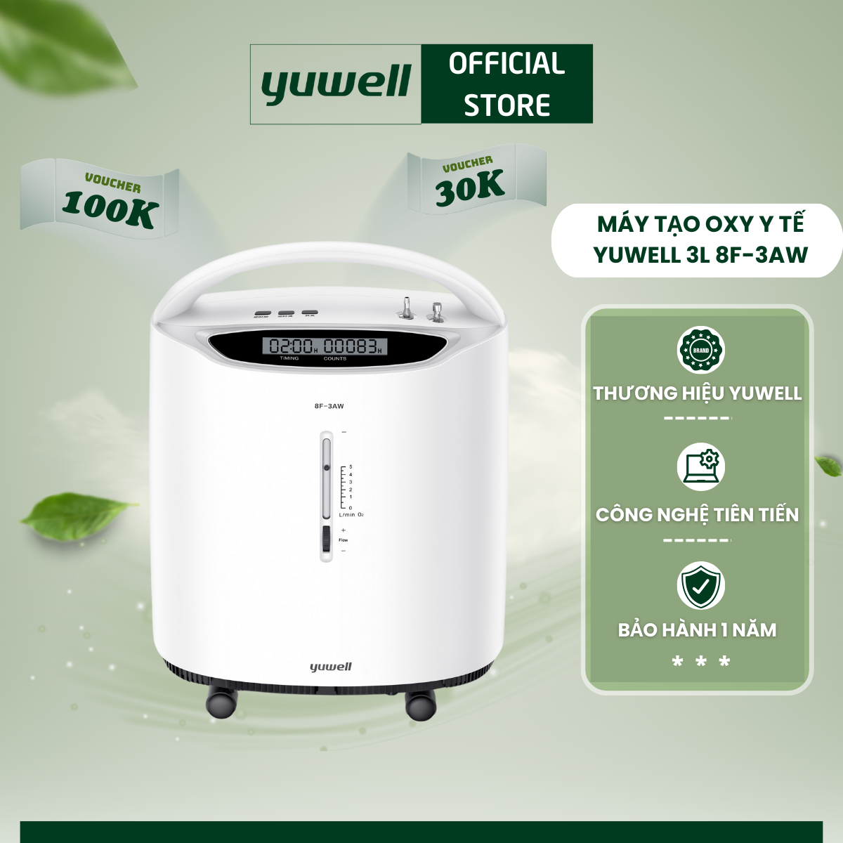 Máy tạo oxy y tế Yuwell 8F-3AW - Cung cấp nguồn Oxy sạch, tinh khiết đến 93% - Bảo hành chính hãng 1 năm.