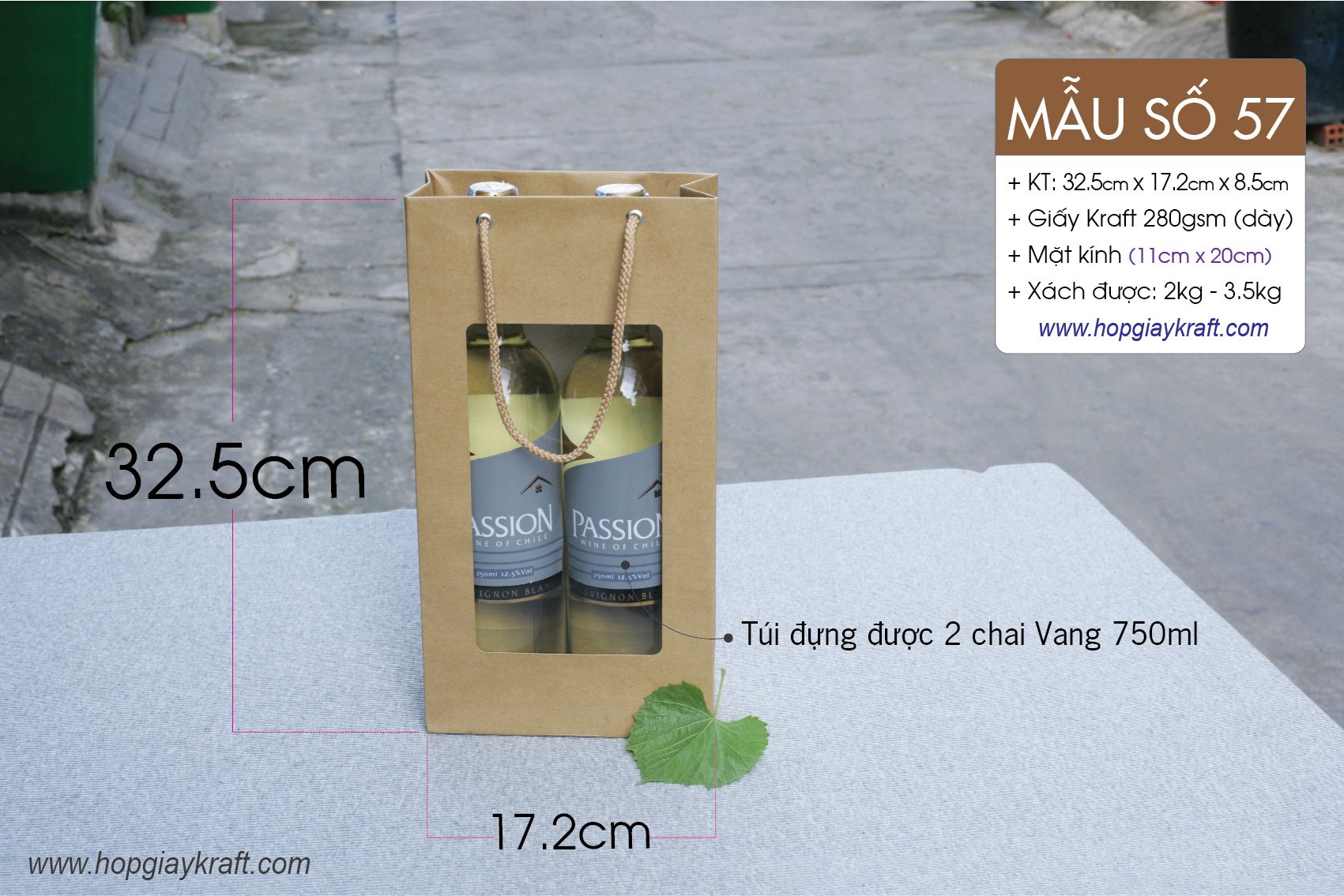 25 cái Túi số 57 - Túi giấy kraft mặt kính đựng hai chai rượu vang 750ml thực phẩm quà tặng