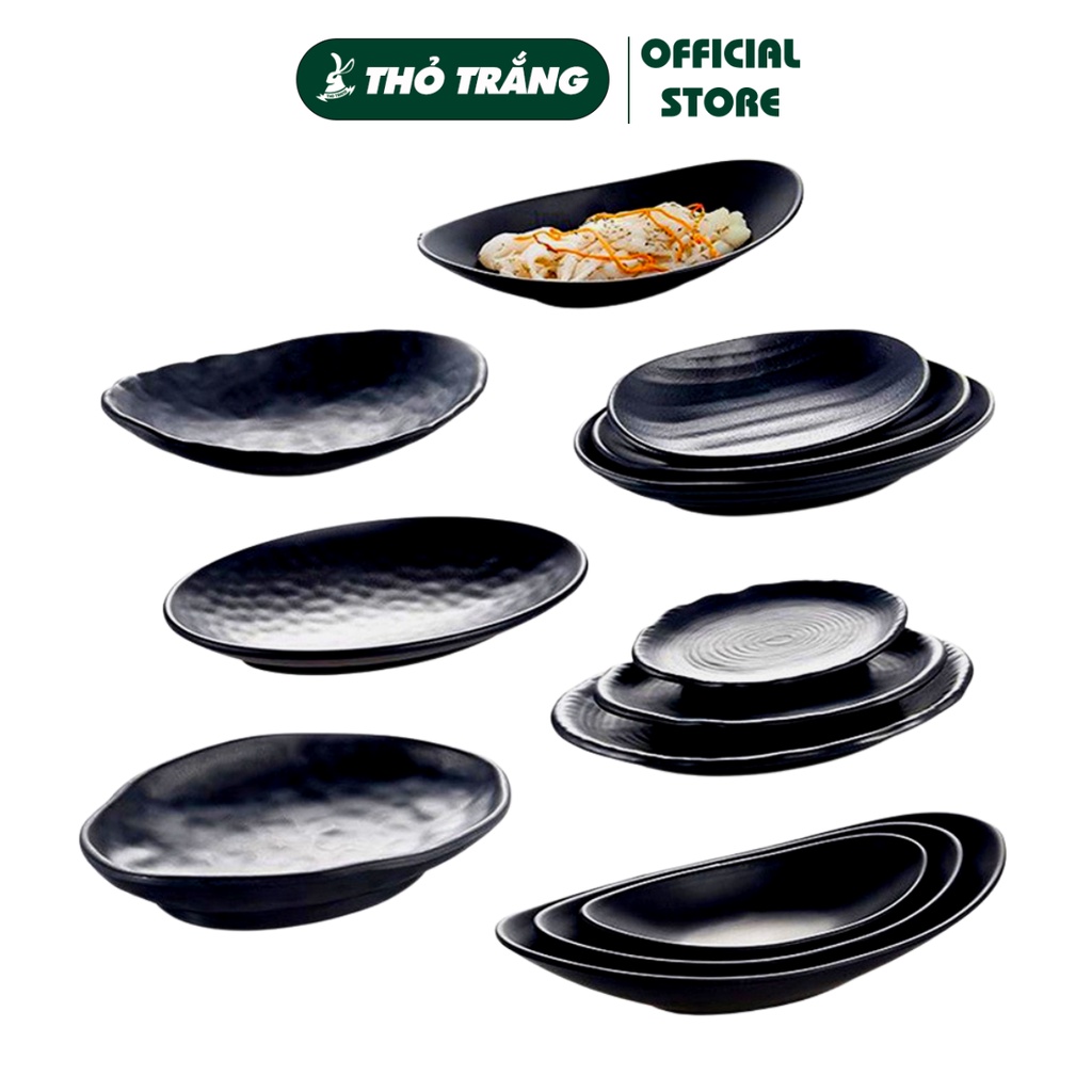 Dĩa kiểu dĩa oval chiếc lá màu đen nhám nhựa melamine cao cấp đủ size
