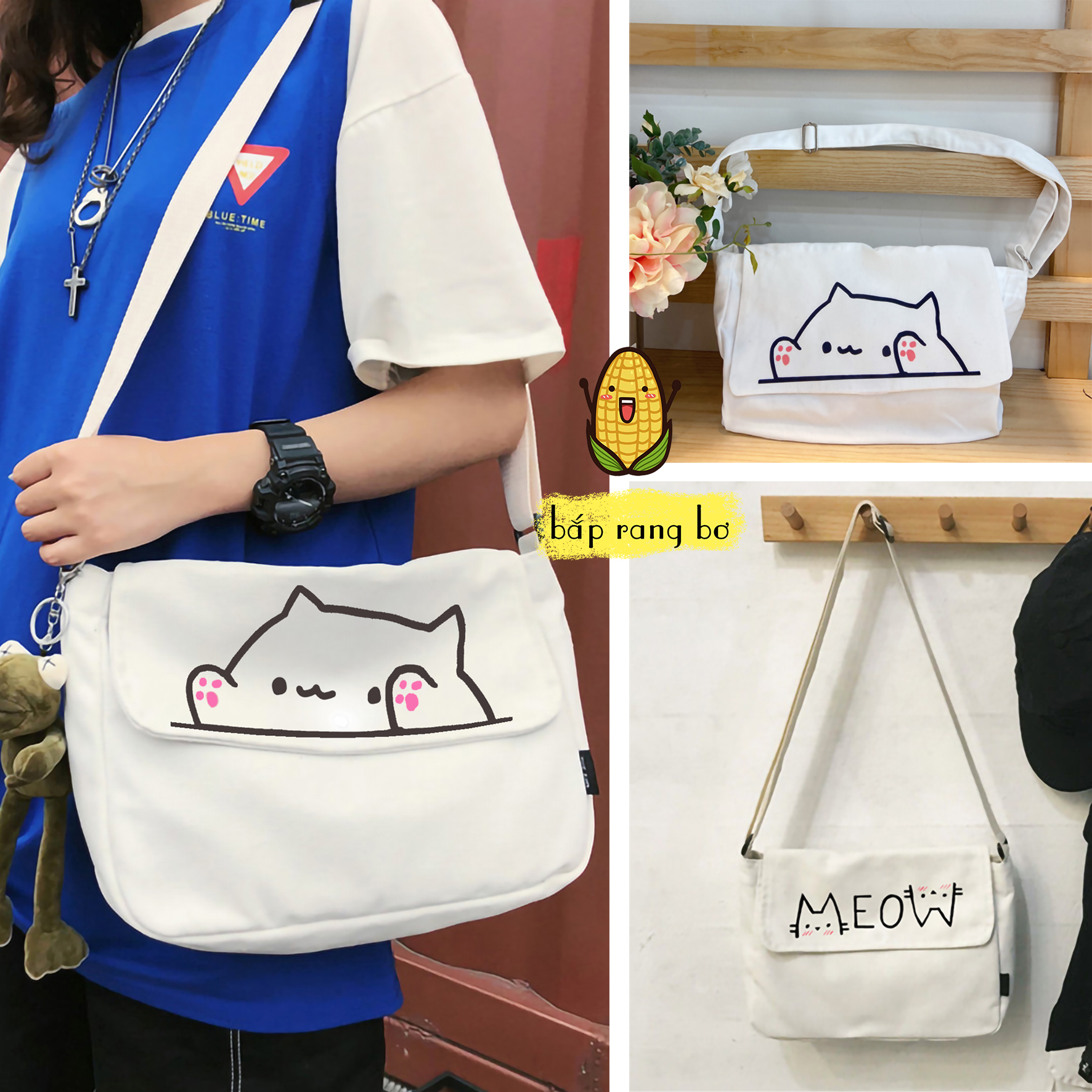 Túi tote đeo chéo meow meow có túi con để sách a4